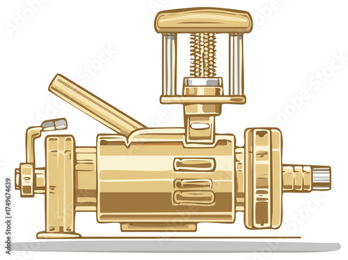 Detailed illustration of mechanical apparatus with spring mechanism and lever arm intricate device precision technology artistic drawing