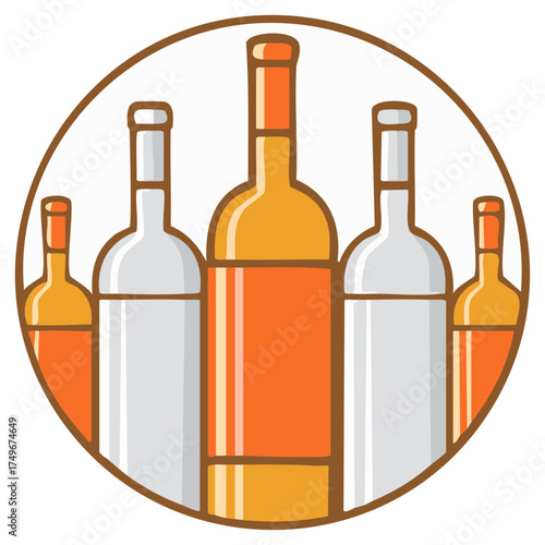 Collection of assorted alcohol bottles with orange and clear glass.