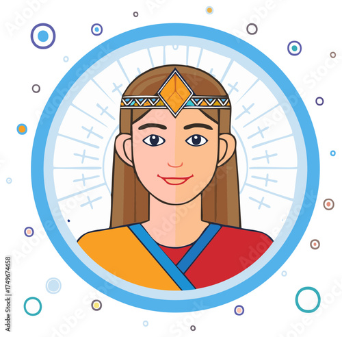 Cartoon portrait of a beautiful goddess with a split face symbolizing duality wearing a jeweled tiara and halo
