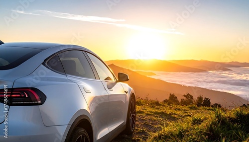 Electric Car on Scenic Mountaintop Sunrise.