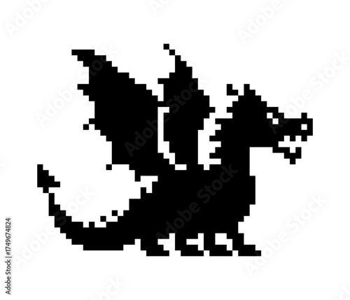 Pixel art black dragon silhouette on white background. cute cartoon retro style.