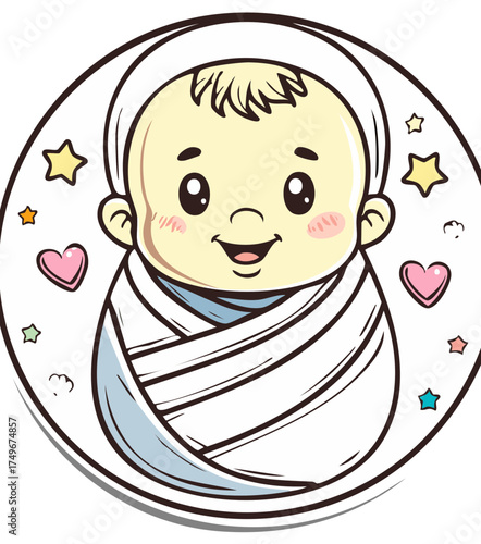 Cartoon Baby Swaddled with Stars and Hearts. Cute Infant Smiling with Happiness in Circle.
