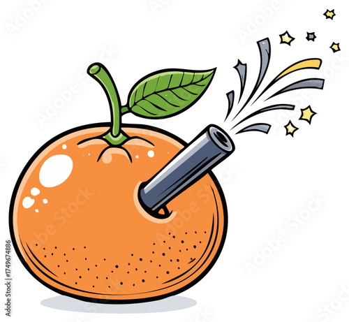 Vibrant orange fruit transforms into a playful cannon firing energetic sparks and stars in a funny cartoon style