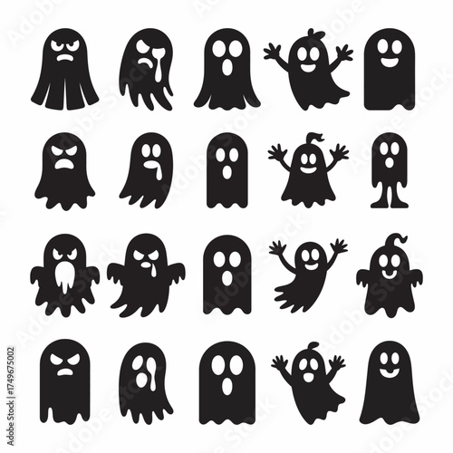 Cute Halloween Ghost Icons Set , Scary, Happy, and Crying Spirit Silhouettes, vector illustration