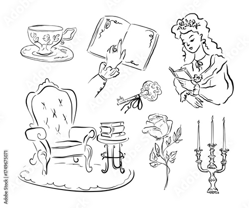 Whimsical line art set with reading girl, vintage armchair, open book, vintage key, teacup, rose, and candelabra. Quickly sketched vector illustration for book lovers, home decor, romantic design.