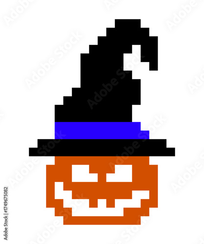 Pixel art halloween pumpkin with witch hat. fun cartoon retro style. horror concept.