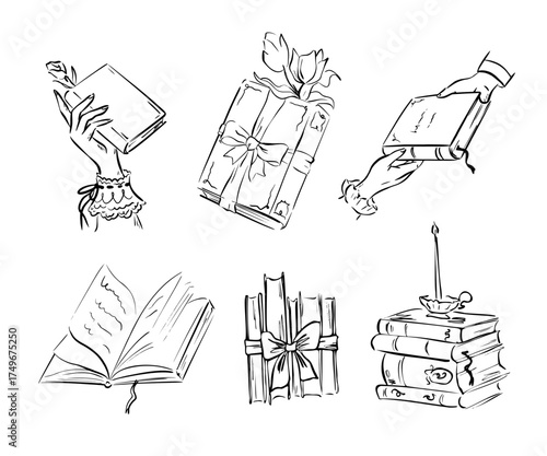 Set of vintage books clipart: tied with ribbon, open pages, stack. Home library. Book club. Whimsical quickly sketched vector line art. Perfect for stationery, reading, and literary projects.