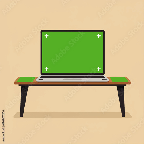 Laptop with Green Screen on Table Mockup.