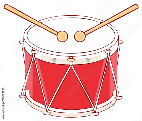 Red snare drum with wooden drumsticks ready to play musical percussion instrument