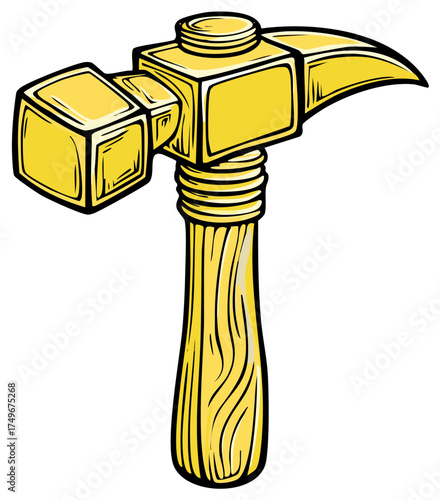 Cartoon illustration of a yellow pickaxe with a wooden handle. Miner, construction tool concept.
