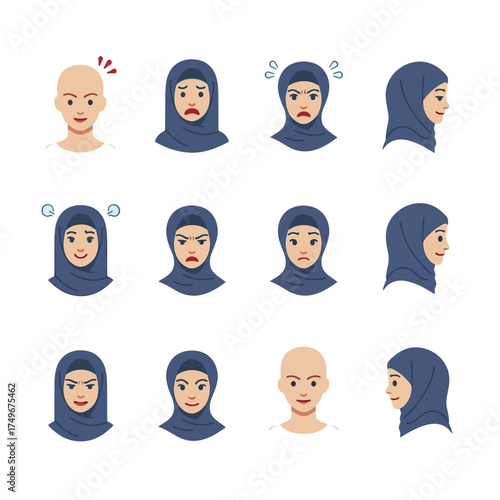 Diverse expressions of women wearing hijabs, showcasing various emotions and moods.