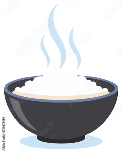 Steaming bowl of white rice, freshly cooked. Vapor rising from hot food in a bowl.