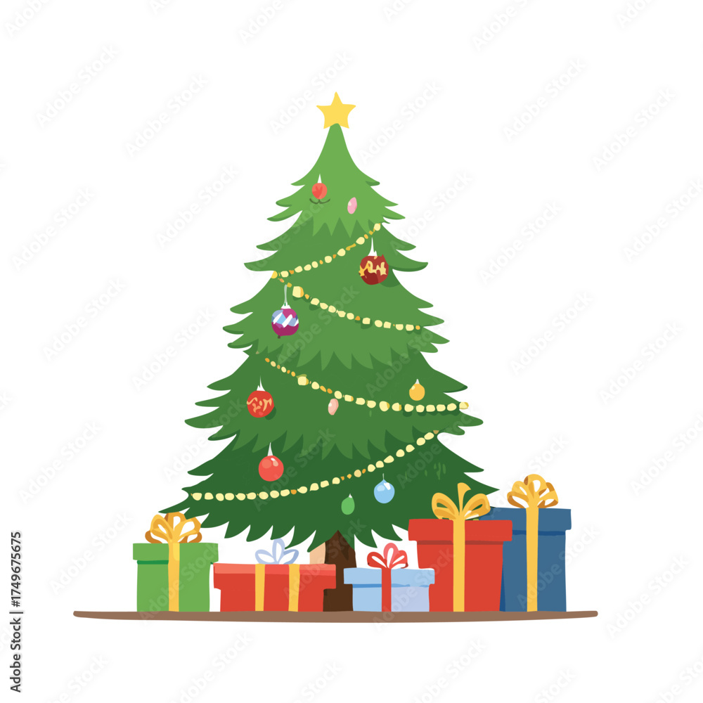 Naklejka premium A Christmas tree with holiday decoration and gift boxes underneath, ready for a winter celebration