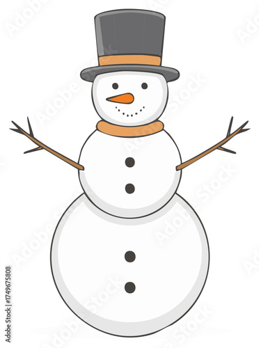 Cartoon snowman in top hat, carrot nose, stick arms, orange scarf, winter holiday illustration.
