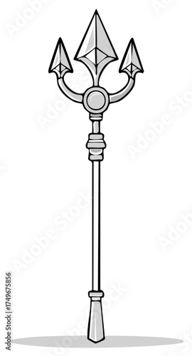 Cartoon silver trident with sharp prongs and decorative hilt, mythical sea weapon icon