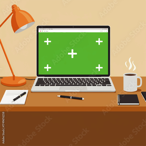 Modern Laptop with Green Screen Display on Wooden Desk Workspace.