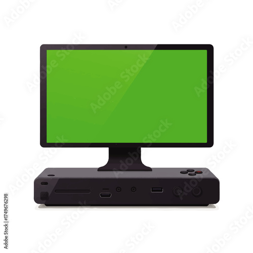 Modern Monitor and Game Console with Green Screen Display.