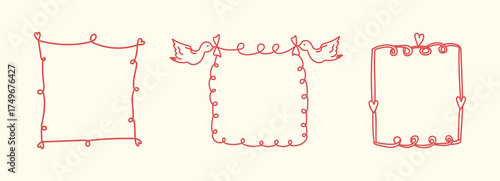 Hand Drawn Whimsical borders. Coquette elegant frames with bows, ribbons. Cute french frame set for Valentine Day, wedding, birthday invitation, poster, menu, banner. Trendy doodle isolated vector ill