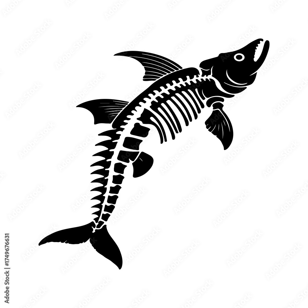 Obraz premium A striking black and white linocut style illustration of a fish skeleton leaping upwards with its mouth open showcasing intricate bone detail against a clean white background evoking a sense of moveme