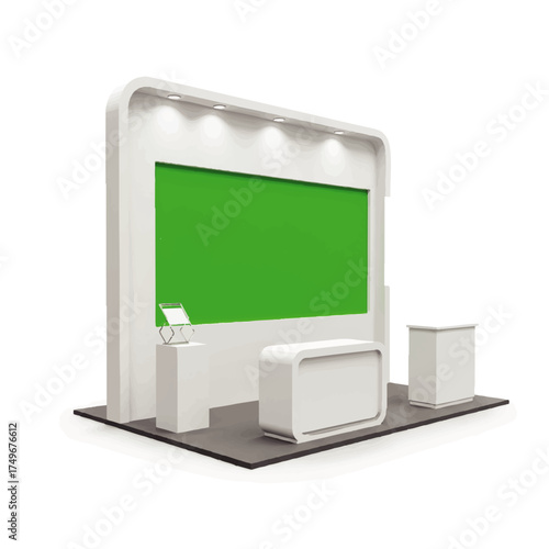 Modern White Exhibition Stand with Green Screen Display.