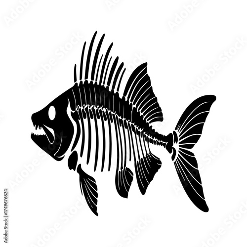 A stark black and white illustration of a fish skeleton showcasing its intricate bone structure and sharp teeth isolated on a clean white background evoking a sense of nature s raw beauty and the cycl