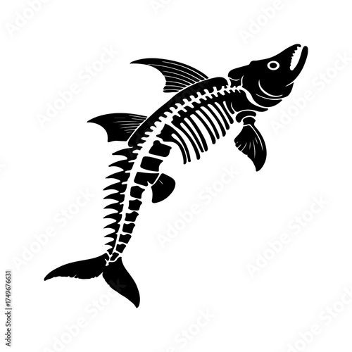 A striking black and white linocut style illustration of a fish skeleton leaping upwards with its mouth open showcasing intricate bone detail against a clean white background evoking a sense of moveme