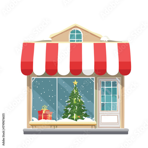 Illustration of a storefront decorated for Christmas, featuring a tree, gift, and snow-covered window, under a striped awning.