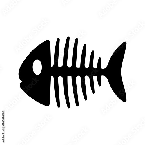 Simple black silhouette of a fish skeleton with clear bone structure and eye isolated on a transparent background representing a deceased aquatic creature or the remains of a meal