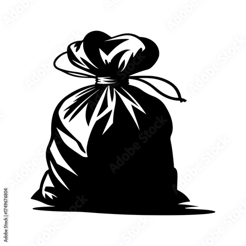 A simple black silhouette illustration of a tied garbage bag representing waste disposal trash collection and the concept of refuse or rubbish removal