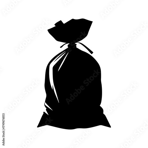 A simple black silhouette of a tied garbage bag isolated on a white background representing waste disposal and cleanliness concepts