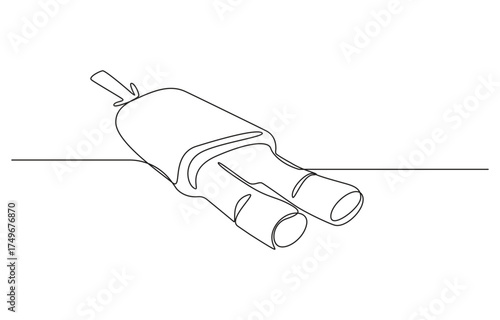 Car exhaust continuous one line art drawing vector illustration,car exhaust pipe and catalytic converter system one line art,Continuous Line Drawing of a Car Exhaust Muffler