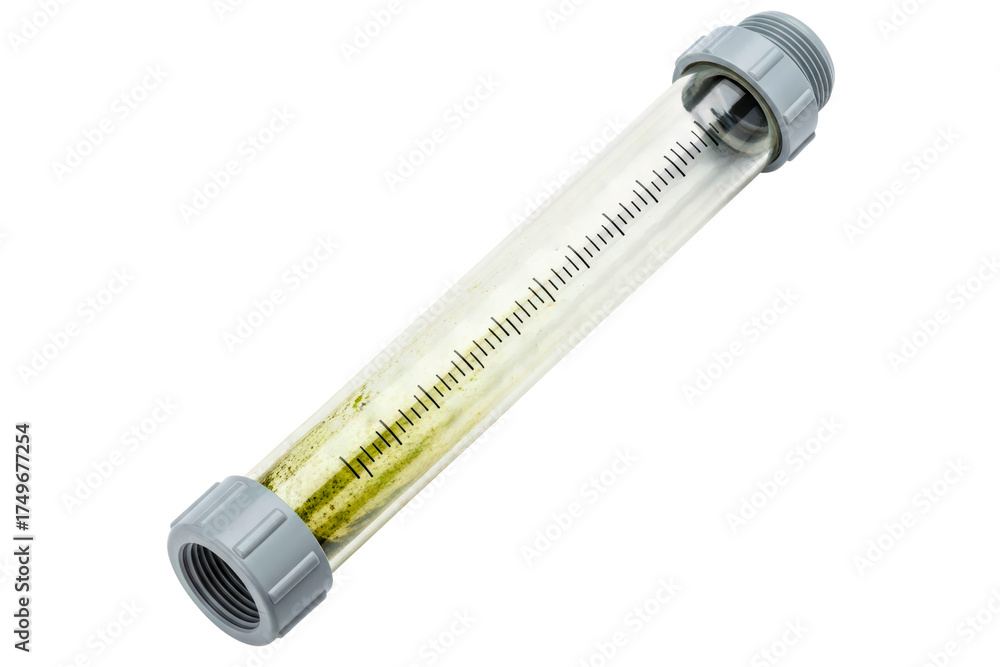 Naklejka premium Dirty inline water flow meter with algae and sediment buildup isolated with transparent background