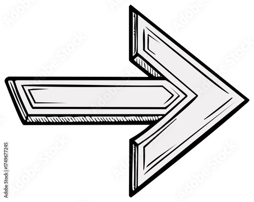 Stylized three dimensional pointer arrow pointing to the right with shaded detailing