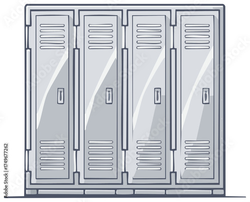 Row of gray metal school lockers with ventilation slots and door handles