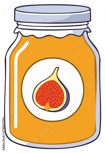Fig Jam Jar Illustration. Glass Container with Sweet Fruit Preserve and Label.