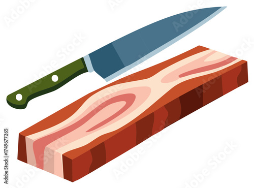 Bacon Slab with Chef Knife, Delicious Food Preparation, Meat Slices Cutting