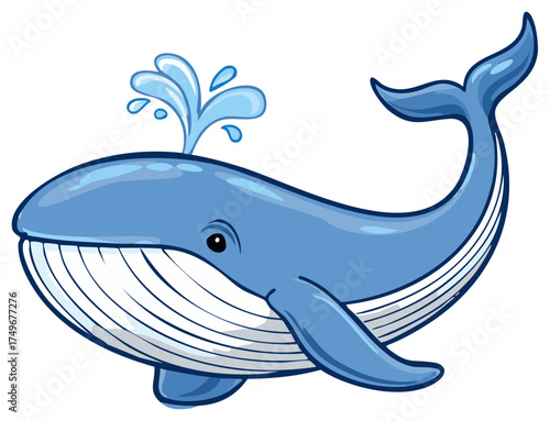 Playful blue whale spouting water illustration for children's book or marine life design