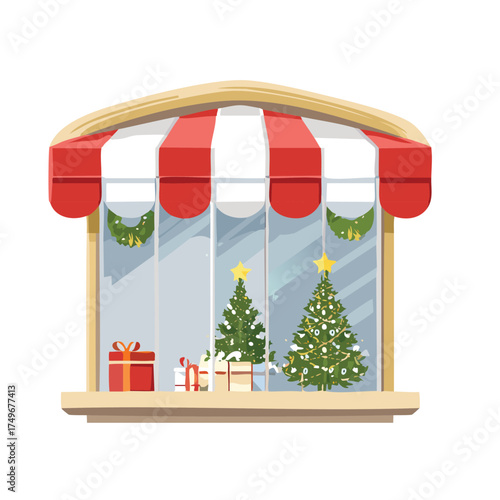 A cartoon vector illustration of a shop window facade with red flowers and birds, perfect for a cafe or store design