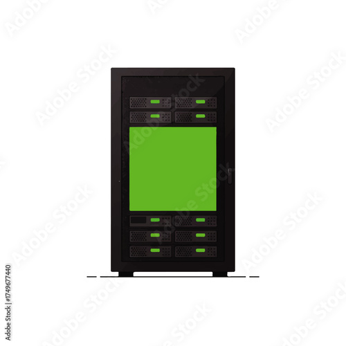 Server Rack with Green Screen Display.