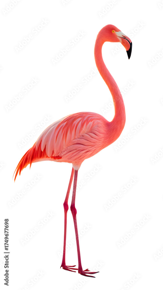 Obraz premium Elegant pink flamingo isolated on transparent background, a tropical bird in profile
