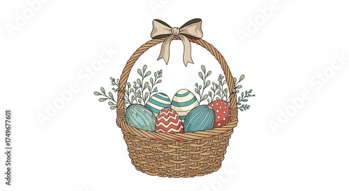 A charming wicker basket overflows with beautifully decorated Easter eggs and delicate greenery adorned with a festive bow on top.