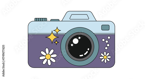 A cute cartoon camera with flowers and stars.