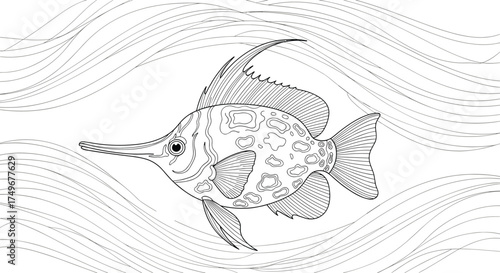 A detailed illustration of a swordfish swimming gracefully through wavy water.