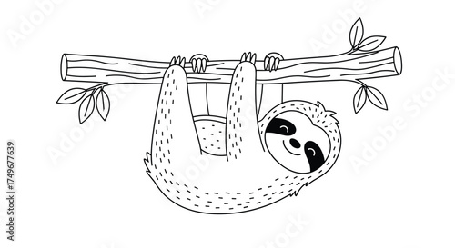 A cute black and white drawing of a sloth hanging from a tree branch.