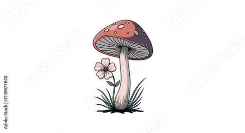 A whimsical illustration of a mushroom and a small flower.