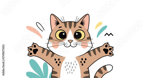 A cute tabby cat is reaching out its paws to hug someone.