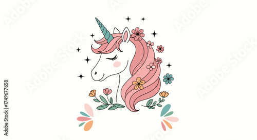 A charming unicorn adorned with delicate flowers and sparkling stars.
