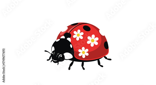 A cute red ladybug with white flowers on its wings.