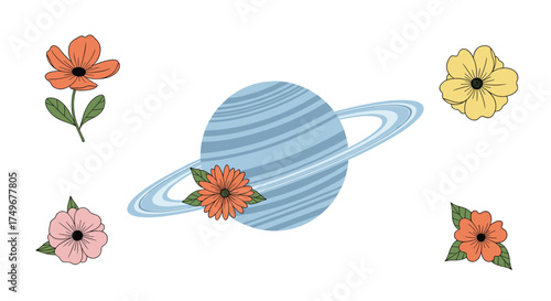 A whimsical planet adorned with vibrant flowers and a ring.