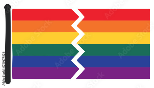 Vibrant Rainbow Flag Split by Jagged Line, Illustrating Division